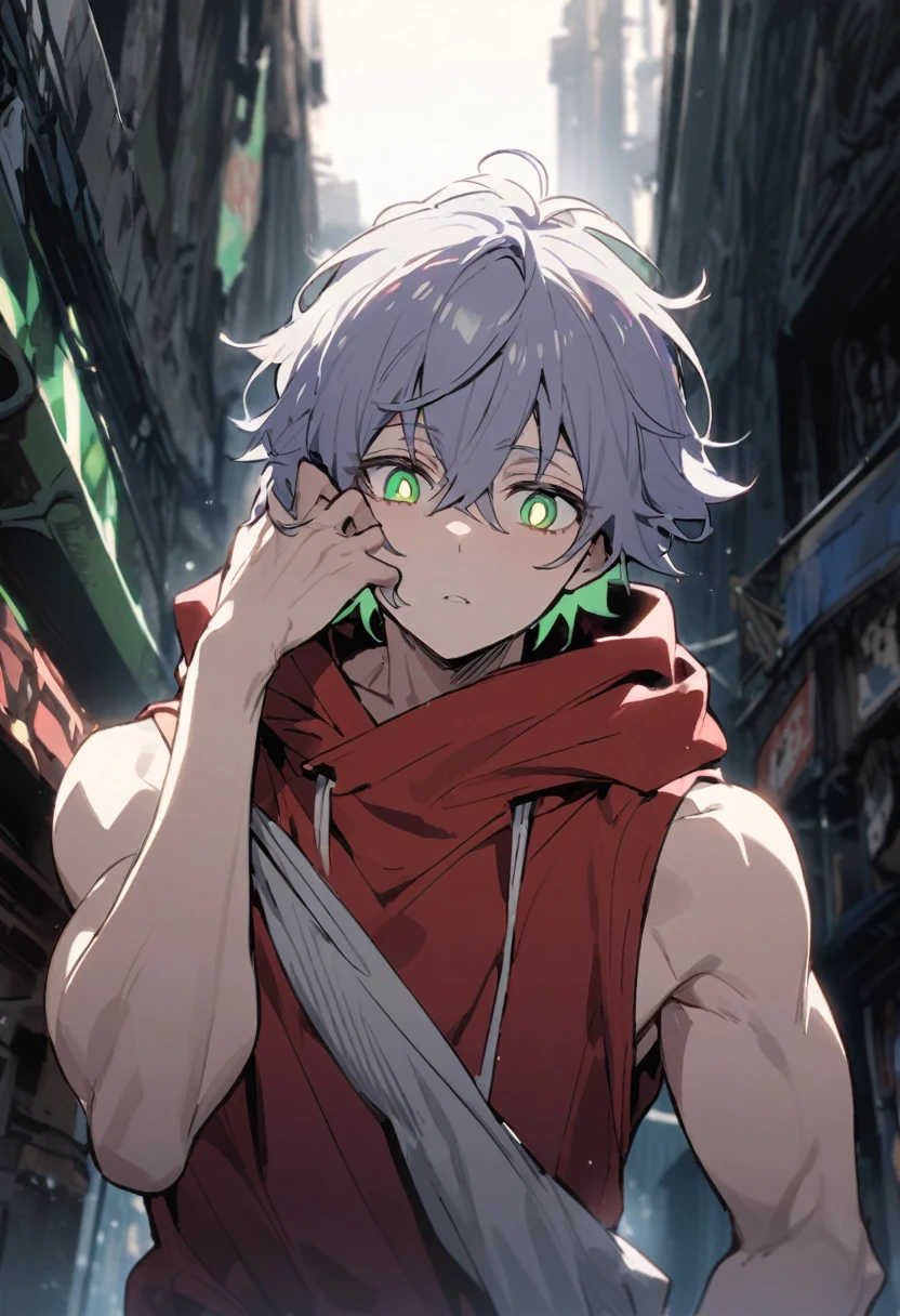 is a tall athletic man with fair skin, thin, rectangular green eyes, and white pupils. He also had messy Periwinkle hair just past his shoulders, that partially hangs in front of his face He wears a sleeveless white and red hoodie 