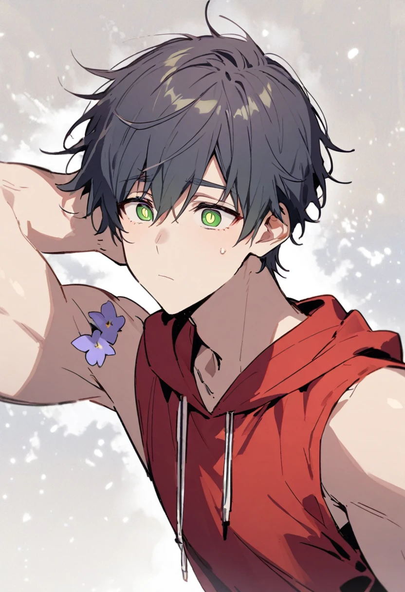is a tall athletic man with fair skin, thin, rectangular green eyes, and white pupils. He also had messy Periwinkle hair just past his shoulders, that partially hangs in front of his face He wears a sleeveless white and red hoodie