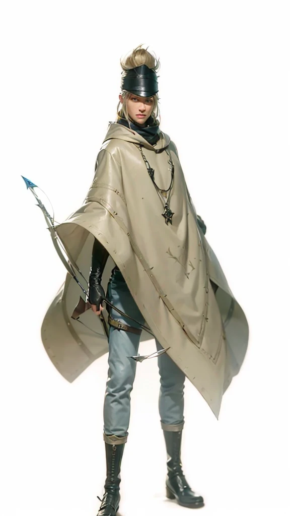 (male character), (extra long, flowing, blond-colored hair), (heterochromia), (left eye: blue), (right eye: brown), (black leather coat), (black shirt), (archery gloves), (black trousers), (black scarf), (illustration), (ultra-detailed), (realistic), (highres), (portrait), (mysterious lighting), (vivid colors) (mage) (fighter) (cold light) 