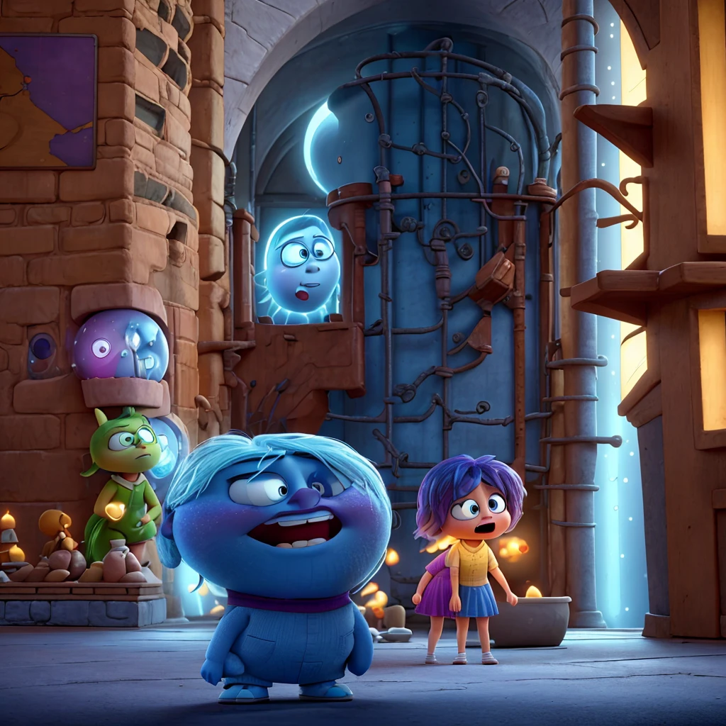Draw a scene inspired by the movie "Inside Out 2", where the characters Alegria, suru, fear, Anger and Disgust are looking in wonder at Jesus, who is controlling the control panel of emotions. Capture characters&#39; expressions of surprise and awe, highlighting the calm and serene presence of Jesus as he manipulates the panel.