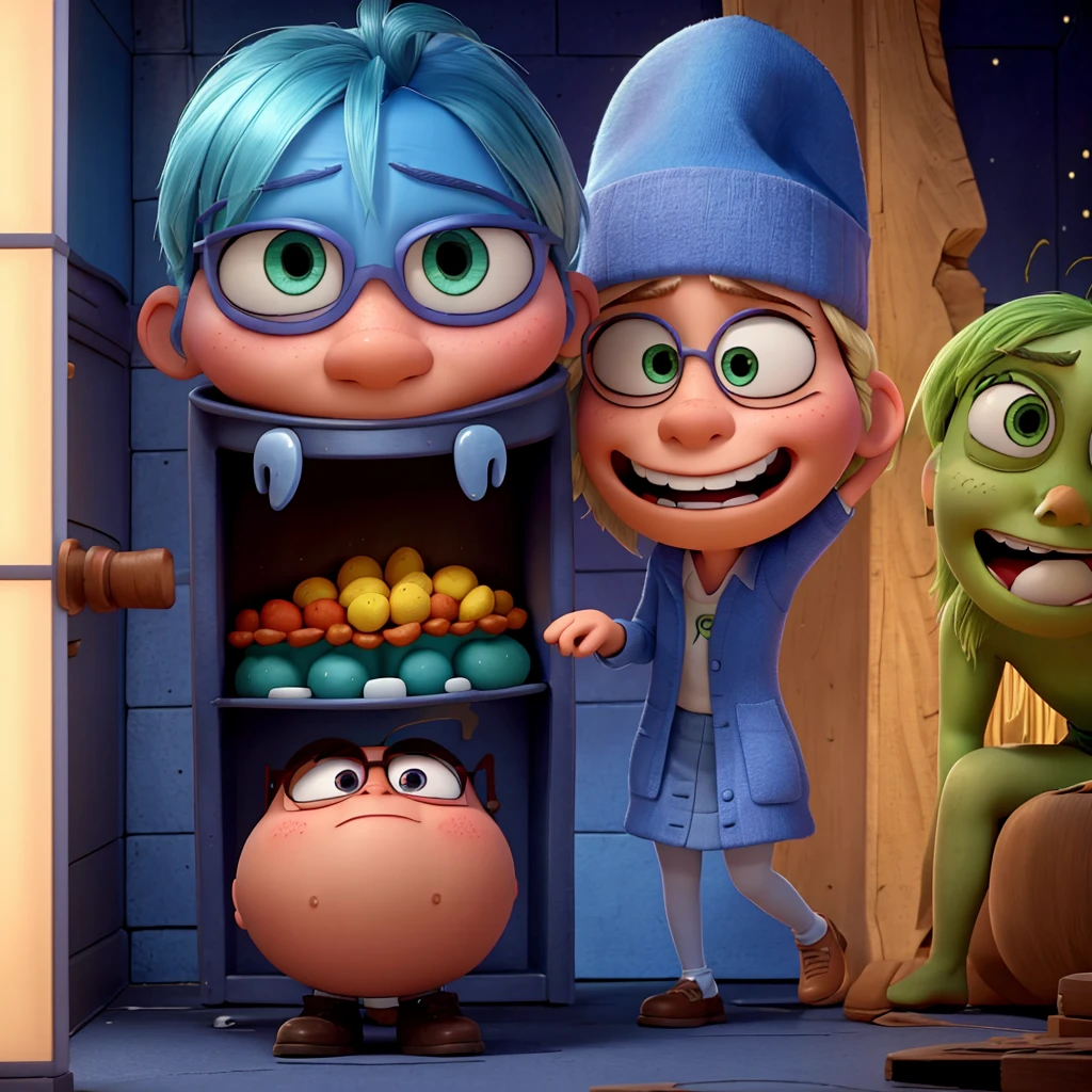 Draw a scene inspired by the movie "Inside Out 2", where the characters Alegria, suru, fear, Anger and Disgust are looking in wonder at Jesus, who is controlling the control panel of emotions. Capture characters' expressions of surprise and awe, highlighting the calm and serene presence of Jesus as he manipulates the panel.