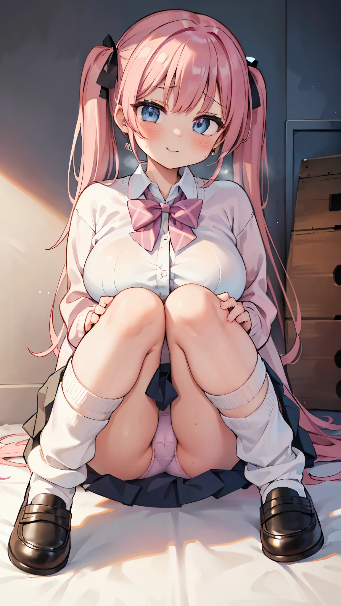 (masterpiece、Highest quality、Super detailed)、((One girl))、((Pink Hair))、((Twin tails))、((Light blue eyes))、evil smile、Earrings、((Sweat))、((Very large breasts))、((White shirt))、A bow tie、cardigan、((Black pleated skirt))、((white buggysocks:1.3))、shoes、whole body、((sitting knees up:1.3))、open legs、((pink panties))、On the mat、Shoot from below、Gym storeroom