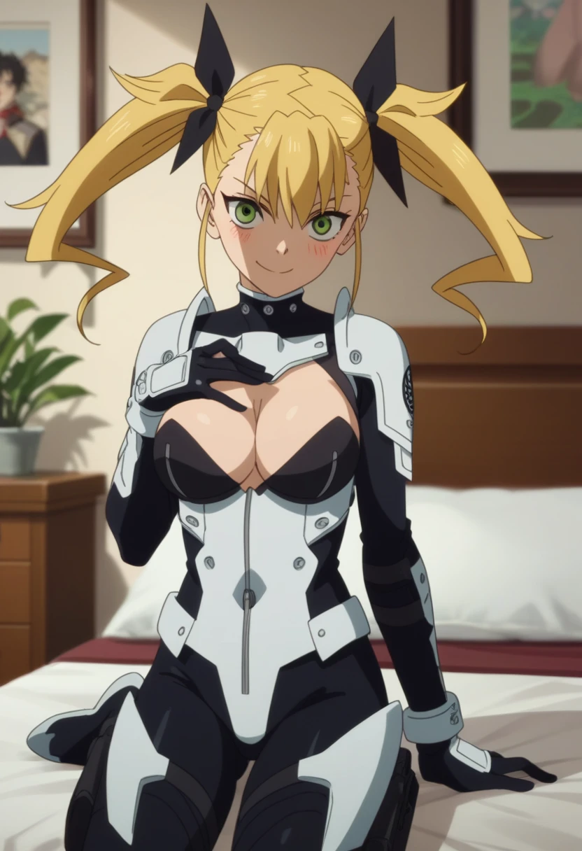 score_9, score_8_up, score_7_up, score_6_up, score_5_up, score_4_up, source_anime, anime screencap, anime coloring, kikoru, 1girl, blonde hair, twintails, green eyes, hair ribbon, black ribbon, bangs, bodysuit, armor, upper body, smile, room, bed, indoors, blush, grab breasts, holding breasts, cleavage, looking at viewer, undressing, navel, sitting