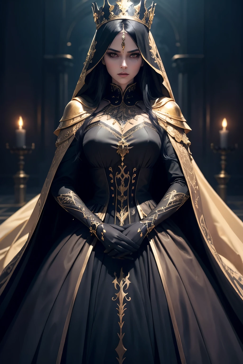 A dark fantasy princess, long high neck long sleeved fashion gown, golden jewelry, golden crown, arrogant, claws, gloves, cloak, golden eyes, veil, 1girl, intricate fine details, hyper detailed, photorealistic, 8k, masterpiece, dramatic lighting, cinematic, dark moody atmosphere, rich color palette, dramatic pose, piercing gaze