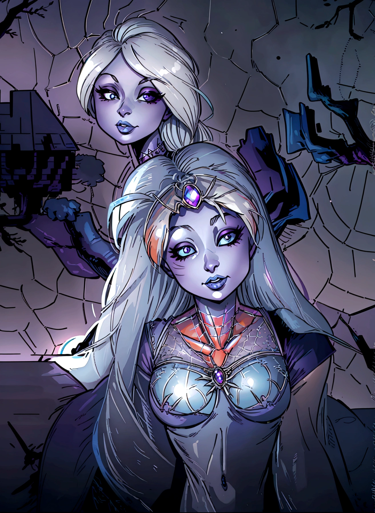 A moon elf greatly resembling Paris Hilton (age 25, blue skin, violet eyes, silver hair, sheer spider silk lingerie, silver body jewelry) is walking through a spider infested haunted woods, webs obscure the moon and carpet the ground. Immense webs and spiders in the tree tops.
