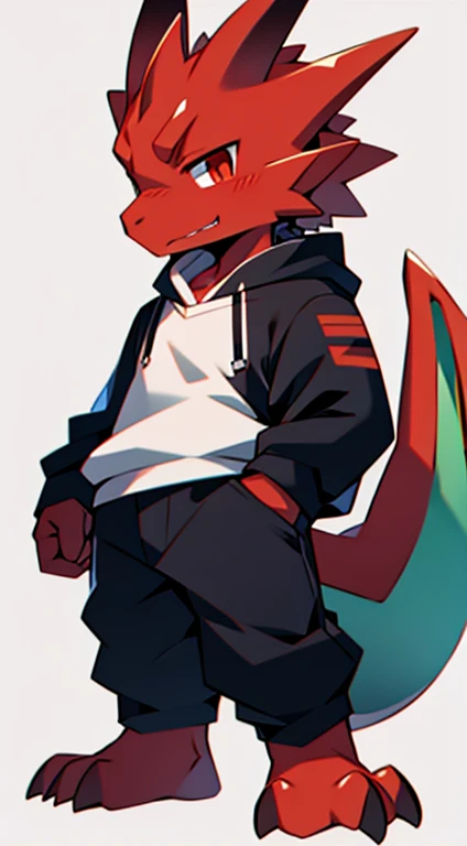 anime, shota dragon, red skin, plain background