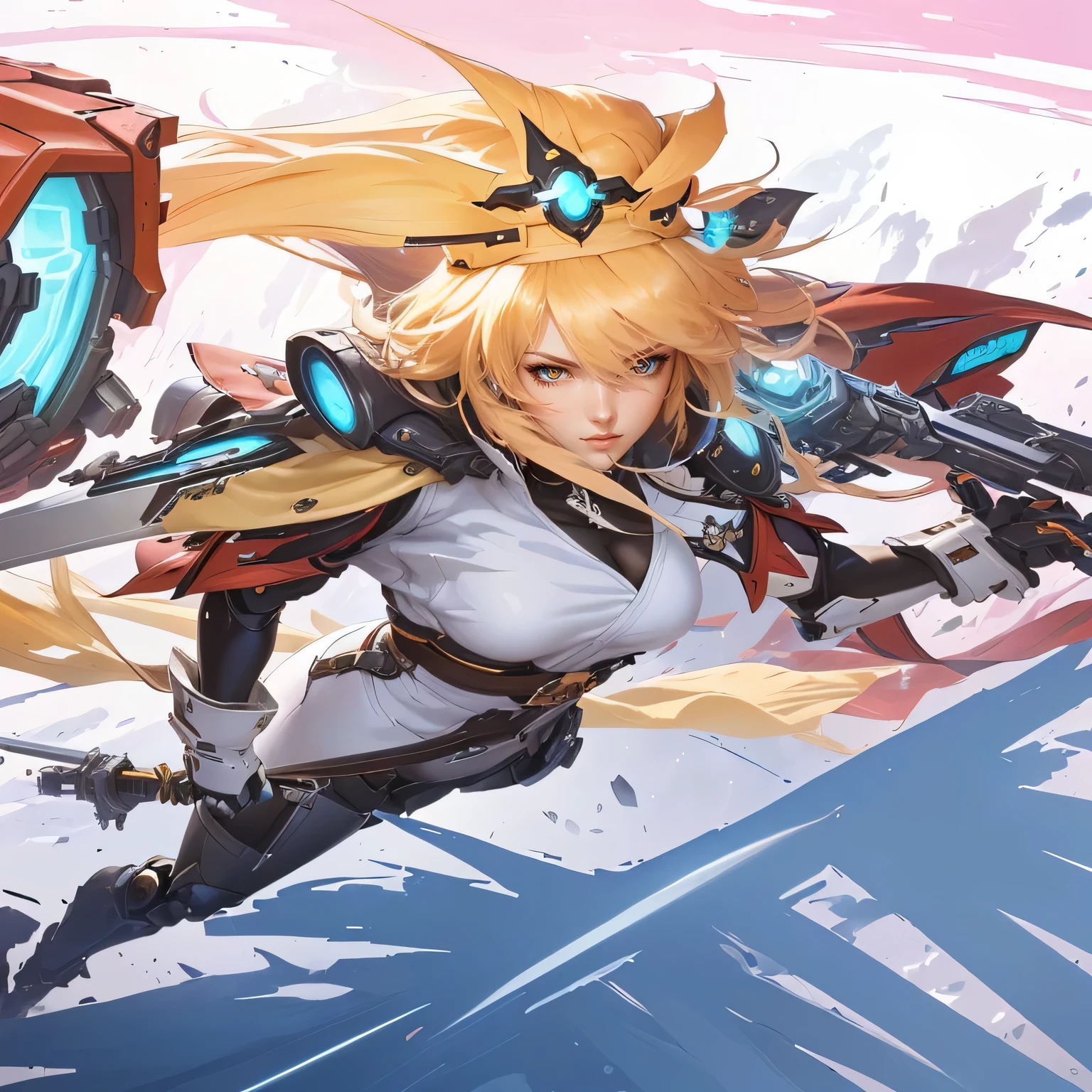 Girl - style image of a woman with a sword and a large robot, guilty gear strive splash art, mechanized valkyrie girl, girl in mecha cyber armor, armor girl, cushart krenz key art feminine, detailed key girl art, guilty gear art style, genshin impact character, genshin impact, ayaka genshin impact,