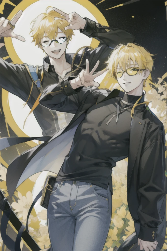 1 boy with yellow hair glasses jeans waving with ✌️ with a smile with closed eyes With black shirt