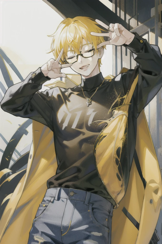 1 boy with yellow hair glasses jeans waving with ✌️ with a smile with closed eyes With black shirt