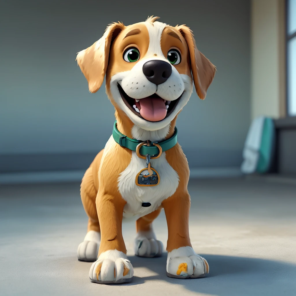 create standing dog, Pixar Disney cartoon style, light brown, green eyes, wearing only yellow vest from the future, happy, the dog is in the upright position only on its two back legs looking at the camera and looking confident and happy.