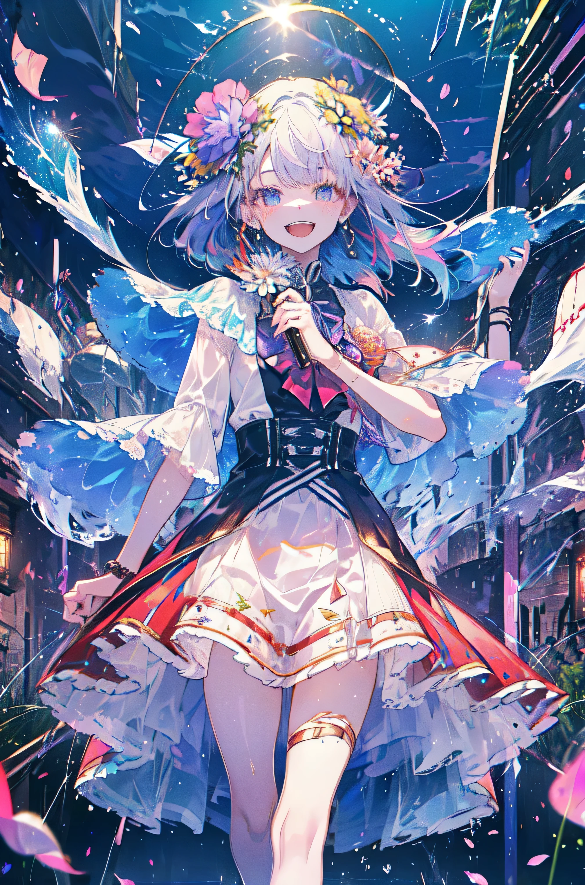 1girl, cowboy shot, on stage, idol, (battle preparation:1.2), open your mouth, (night:1.2), explosive inflammation, glass shards, flower petals, (long hair), mini dress, mini skirt, smiling, singing, highest quality, masterpiece, High resolution, absurdres, uhd