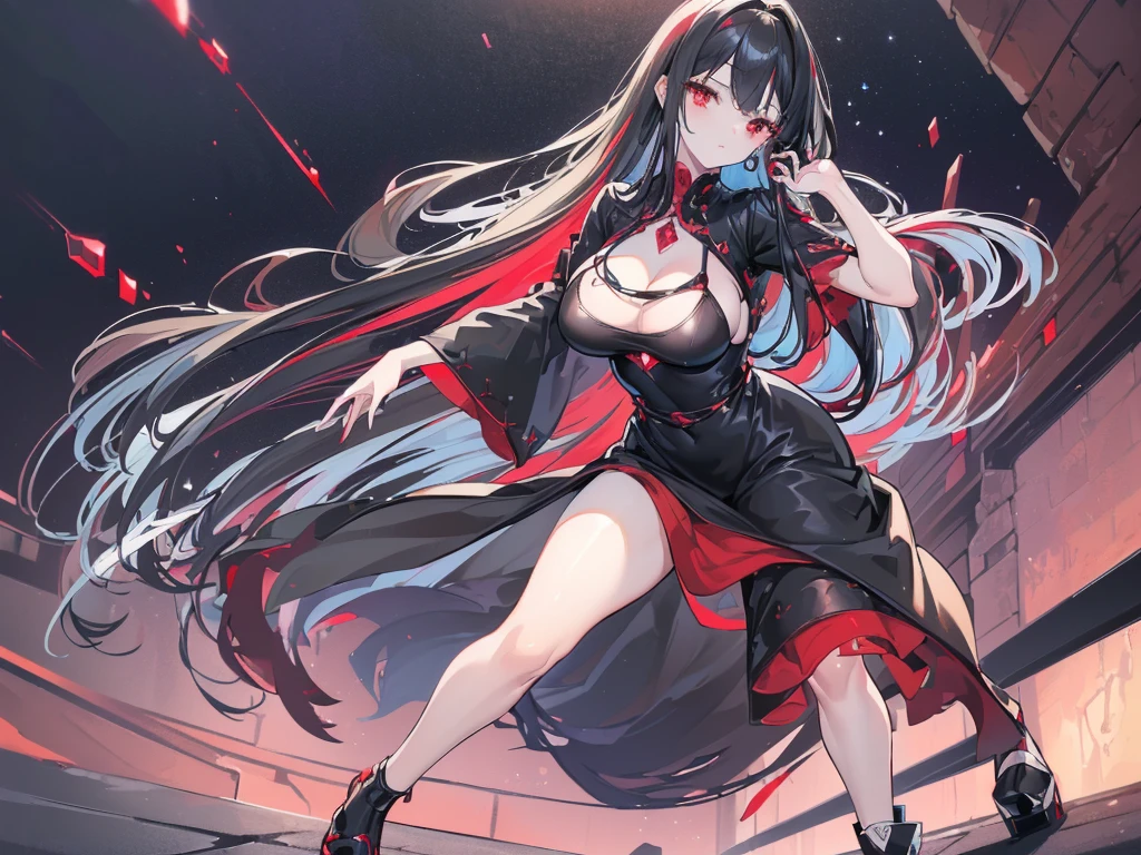 (Exquisite eyes),(Clear and beautiful eyes:1.61),masterpiece, 1 young girl,(Black clothes and some red gems), Black long hair, (She has a huge red gem on her chest), Good Hand,((The Havoc of StarCraft)),full-body shot,Fighting Stance,(Red Eyes:1.466)，short and small,(Very big breasts:1.35),(Pretty Face),(full-body shot:1.33),Beautiful hands