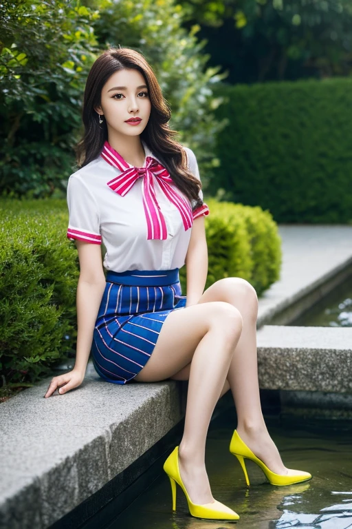 (Highest quality、Ultra-high resolution、masterpiece、8K)、(Delicate face、Detailed eyes and face、Watery eyes、double eyelid、Glossy lips), (1 girl) 、Very beautiful woman、Slender、Slim Big、Sharp long legs、Alluring and sexy、(A brightly colored collared shirt:1.2)、(Skirts in flashy colors:1.3),(silk pantyhose:1.1),(Stiletto heels)、Cleavage、Sitting pose、Perfect body、Two perfect legs、balanced legs、Detailed shoes、Anatomically correct、High-definition skin texture、Daytime、(Wind、river、waterfall、garden)