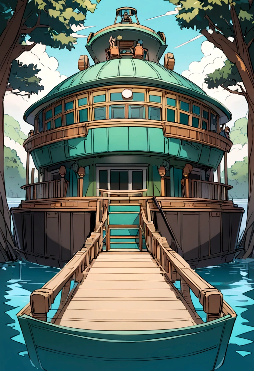 a ferry boat designed to transport passengers on the Amazon rivers in orange and aqua green colors