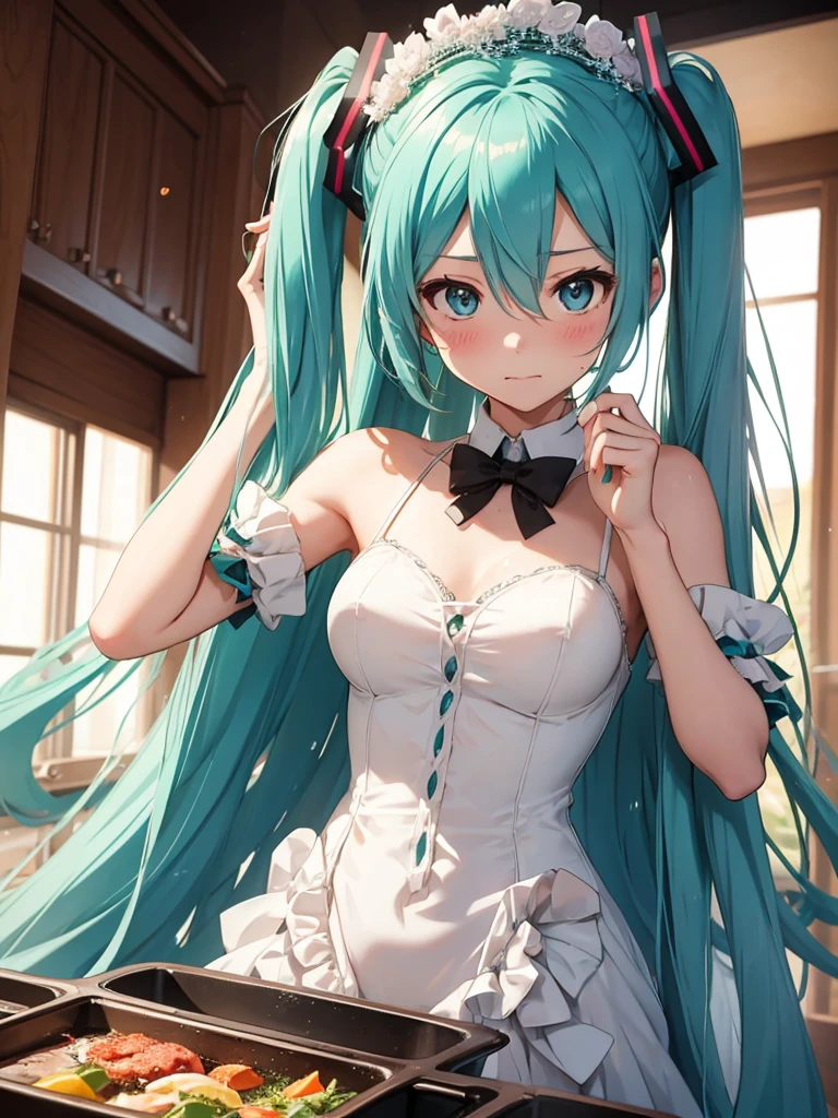 Hot hatsune miku, very cute, very embarrassed, wedding dress, cooking