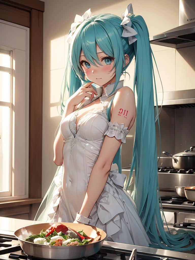 Hot hatsune miku, very cute, very embarrassed, wedding dress, cooking