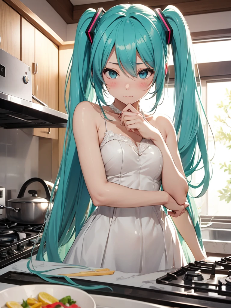 Hot hatsune miku, very cute, very embarrassed, wedding dress, cooking
