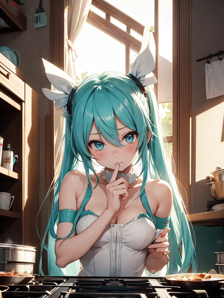 Hot hatsune miku, very cute, very embarrassed, wedding dress, cooking