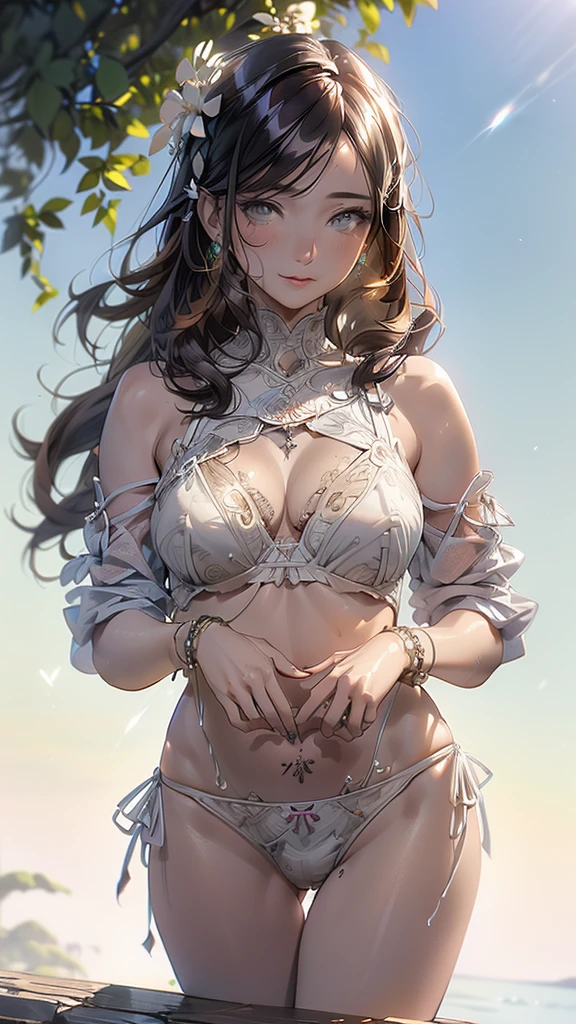 (((whole body))),(masterpiece:1.3, Highest quality, Ultra-high resolution, Super detailed), (Realistic, photoRealistic:1.4), Beautiful illustrations, Perfect lighting, colorful, Depth of written boundary, Beautiful detailed hair, Beautifully detailed face, Beautiful fine details, Beautiful clavicle, Beautiful body, Beautiful breasts, Beautiful thighs, Beautiful feet, Beautiful fingers, View your viewers, 1 girl, Perfect Face, (Perfect Anatomy, Anatomically correct), Cute and symmetrical face, Baby Face, , Shiny skin, (Brown Hair), Hair between the eyes, Dark green eyes, Droopy eyes, Big eyes, Long Eyelashes, (((Luxury underwear)))、((white floral underwear))),(bra、Embroidery pattern)、(((panties、Embroidery pattern)))、(Beautiful views), Bright lighting、smile、laughing,(((semen)))、(((whole bodyが見えている))) ,((City)),((morning))、(full body:1.3)