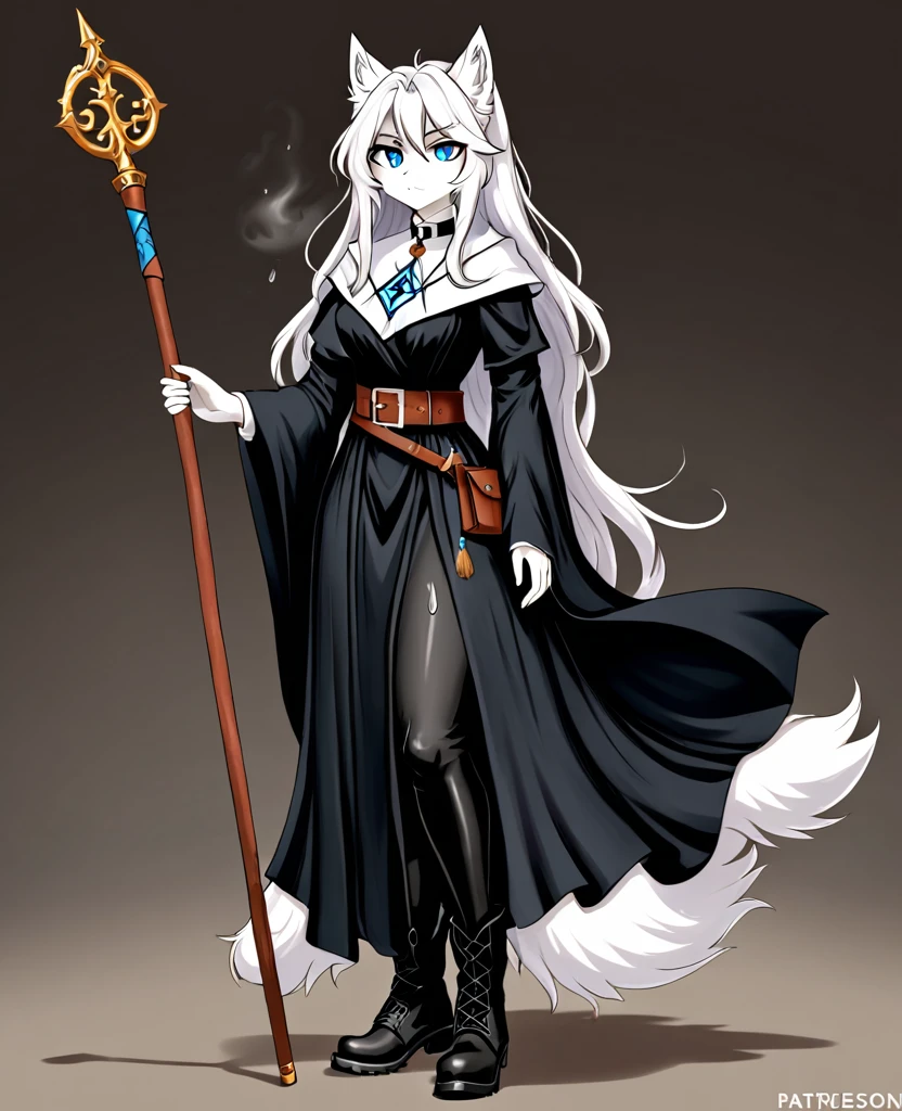 Blue eyes, Light gray-white messy long fluffy hair, Her right eye is sticking out from sweat and completely black as if cursed, Long black dress with a white collar, auburn belt, A necklace in the shape of a , Black boots,a staff