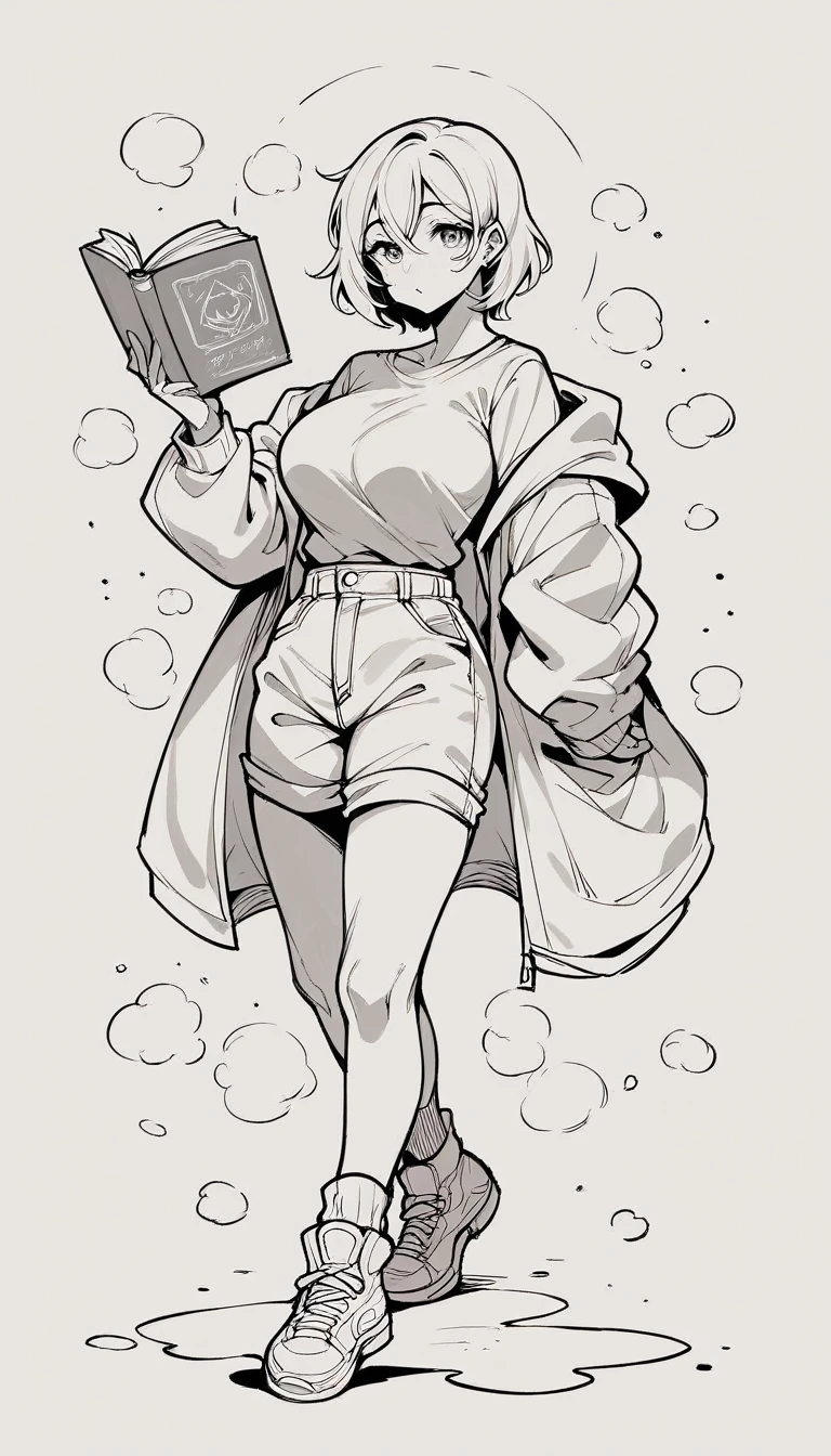 black and white, line art, no shading, full body, live2D character, short hair, cute, big breasts, coloring book style, sketch,ink drawing, outlines