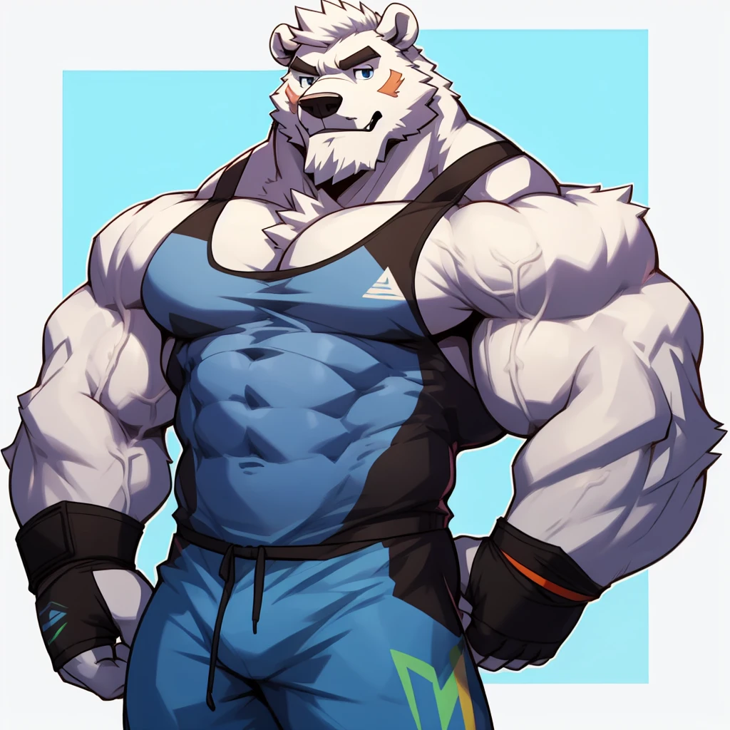 solo, 1boy, Huge Muscular White Polar Bear wearing glasses, huge white fur, pectoral, huge pectoral, wide pectoral, short white hair, blue colored short pants, blue colored wristbands and blue colored tank top, white bearded, white Mustache, white fur, simple background, masterpiece, high detailed, 8k, high resolution, at the gym, poses like Hercules and Zeus, very veiny