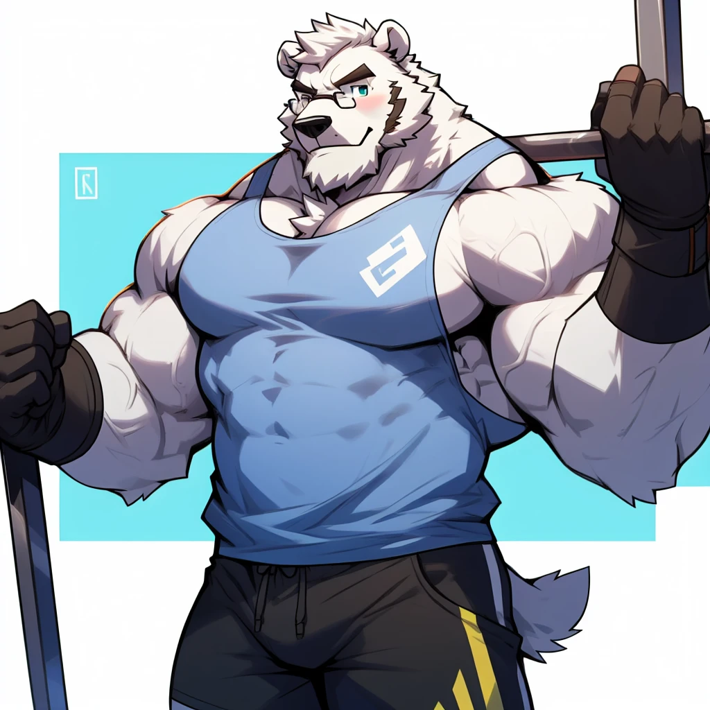 solo, 1boy, Huge Muscular White Polar Bear wearing glasses, huge white fur, pectoral, huge pectoral, wide pectoral, short white hair, blue colored short pants, blue colored wristbands and blue colored tank top, white bearded, white Mustache, white fur, simple background, masterpiece, high detailed, 8k, high resolution, at the gym, poses like Hercules and Zeus, very veiny