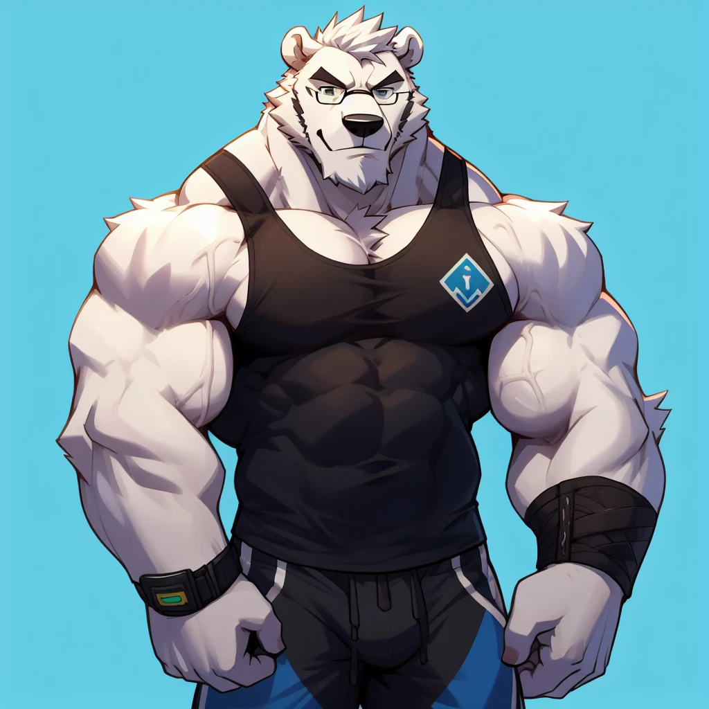 solo, 1boy, Huge Muscular White Polar Bear wearing glasses, huge white fur, pectoral, huge pectoral, wide pectoral, short white hair, blue colored short pants, blue colored wristbands and blue colored tank top, white bearded, white Mustache, white fur, simple background, masterpiece, high detailed, 8k, high resolution, at the gym, poses like Hercules and Zeus, very veiny