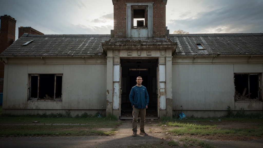 Doruk stops in front of an old, abandoned building. A faint light inside symbolizes memories of the past.