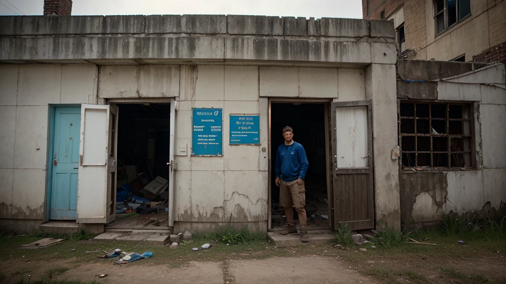 Doruk stops in front of an old, abandoned building. A faint light inside symbolizes memories of the past.