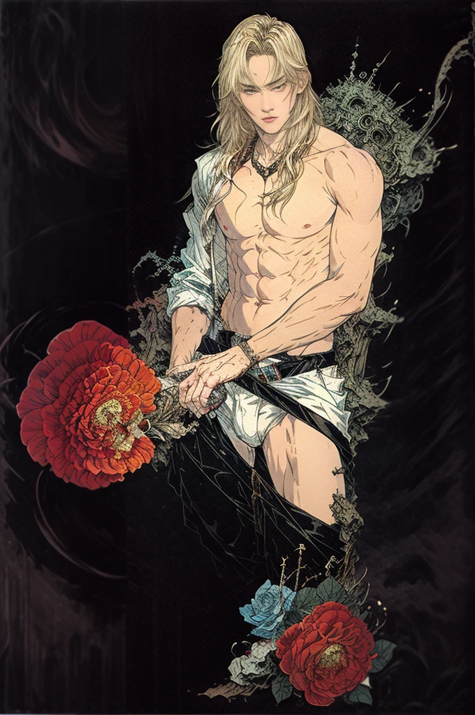 best quality,masterpiece,Ultra-high resolution,1 handsome young sexy topless blond manly man,looking at the audience,one,Yamamoto Takashi style, flower,
simple background with fog,black_background,Machinery Division,Cold-blooded man,tough guy style,Ice cooler,countless blades
