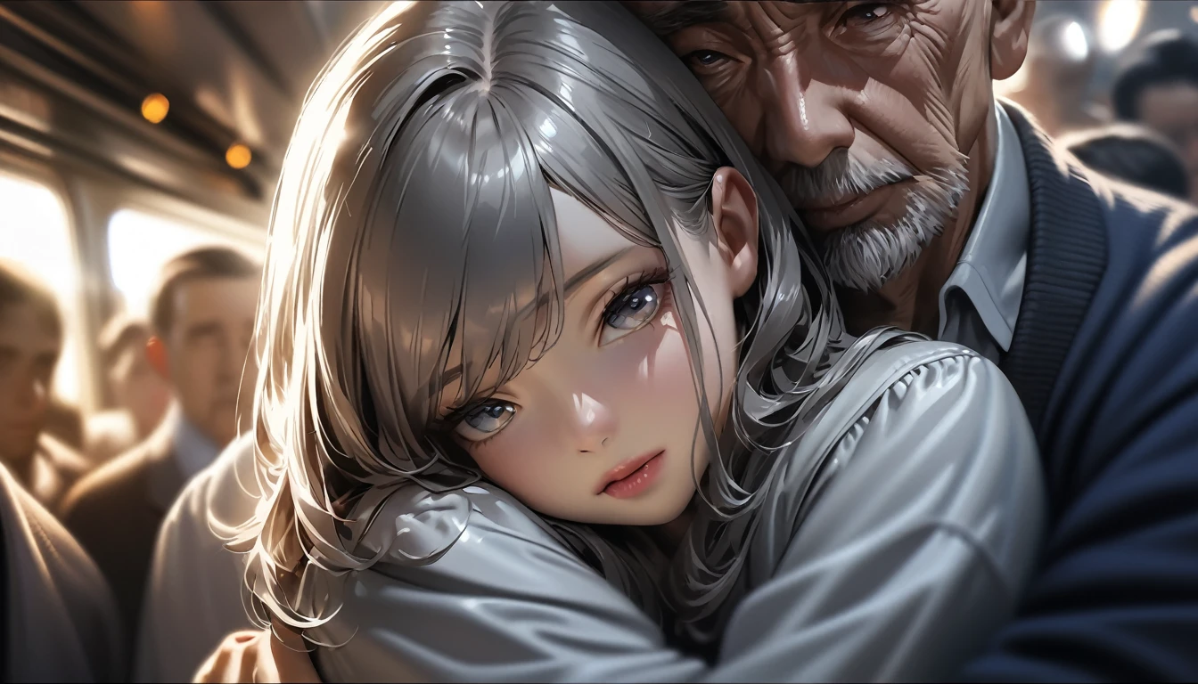  ((Top Quality)), ((Photorealistic)), Natural, ultra high res, Super Detail, Ultra Detailed, Detailed Skin, Sharp Focus, bokeh, Low Contrast, Lowest Brightness, depth of field, an old man hugging a high school girl , in crowded train