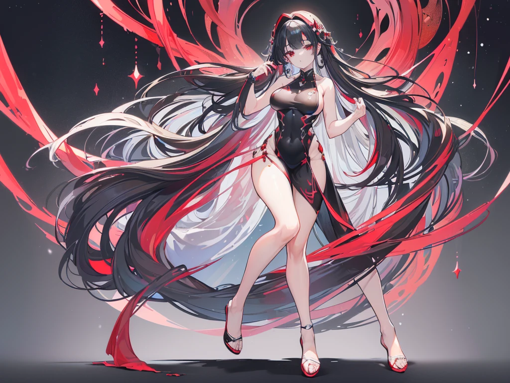 (Exquisite eyes),(Clear and beautiful eyes:1.61),masterpiece, 1 young girl,(Black clothes and some red gems), Black long hair, (She has a huge red gem on her chest), Good Hand,((The Havoc of StarCraft)),full-body shot,Fighting Stance,(Red Eyes:1.466),short and small,(Very big breasts:1.35),(Pretty Face),(full-body shot:1.33),Beautiful hands