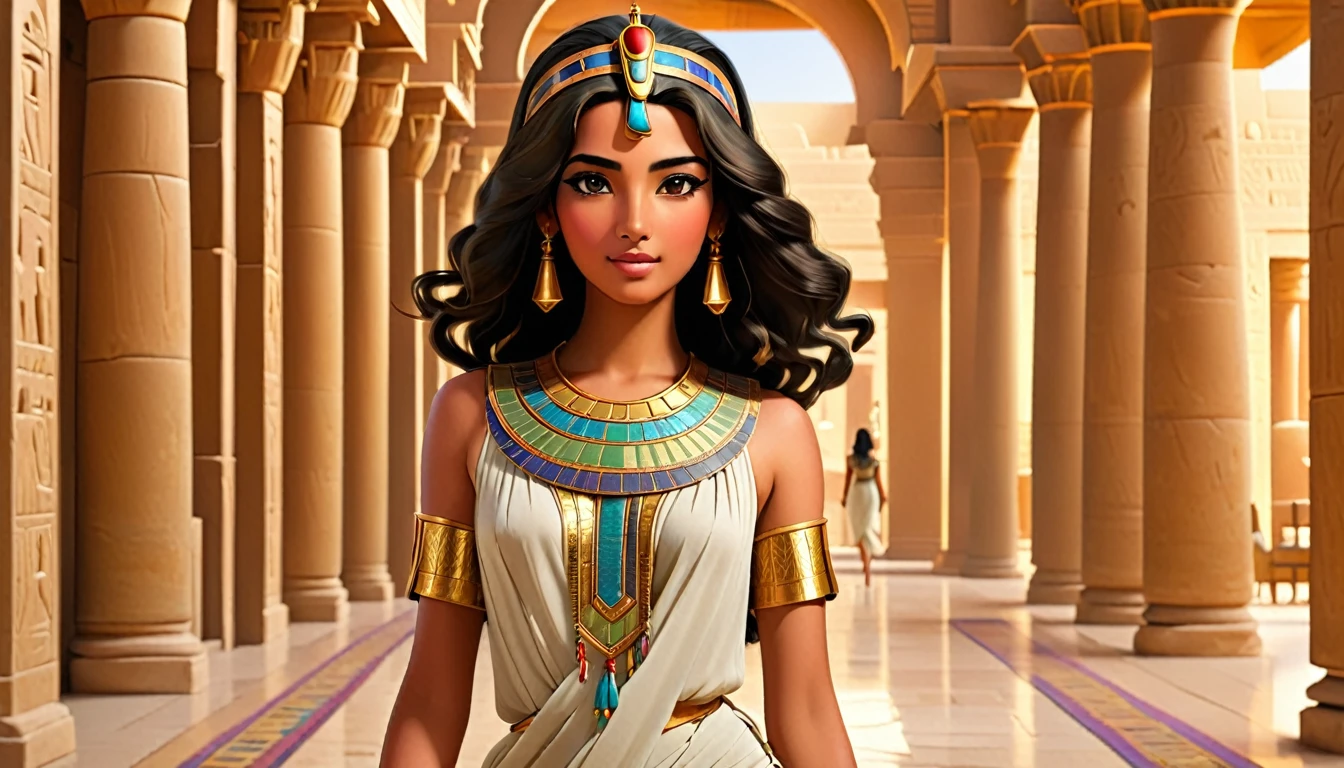 An Egyptian princess from anciant egypt , walking through a luxurious palacein in her late s or early twenties, with olive skin, dark hair