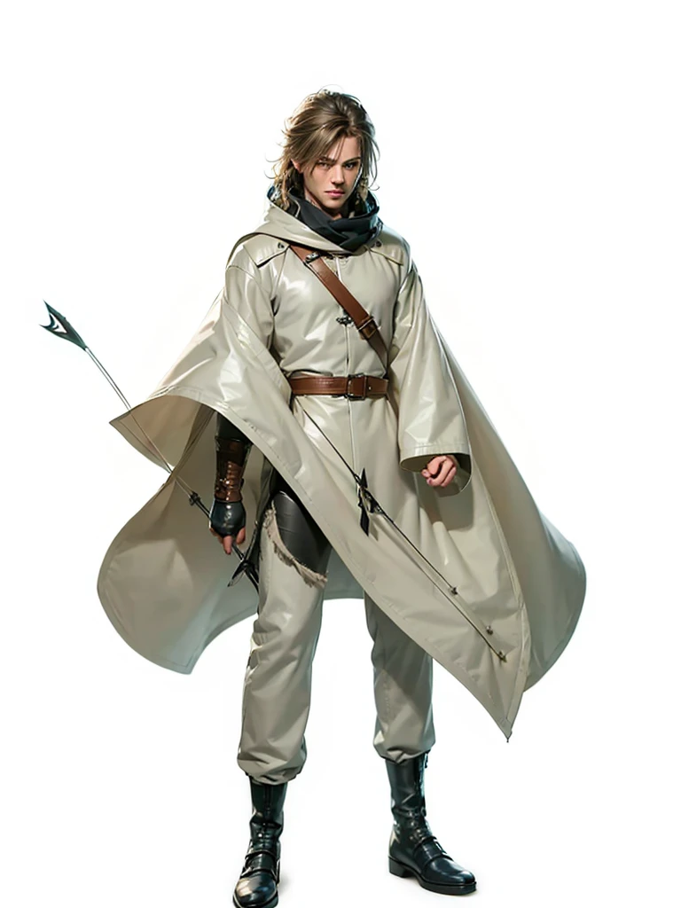 (male character), (extra long, flowing, blond-colored hair), (heterochromia), (left eye: blue), (right eye: brown), (black leather coat), (black shirt), (archery gloves), (black trousers), (black scarf), (illustration), (ultra-detailed), (realistic), (highres), (portrait), (mysterious lighting), (vivid colors) (mage) (fighter) (cold light) 
Espadachim, espada