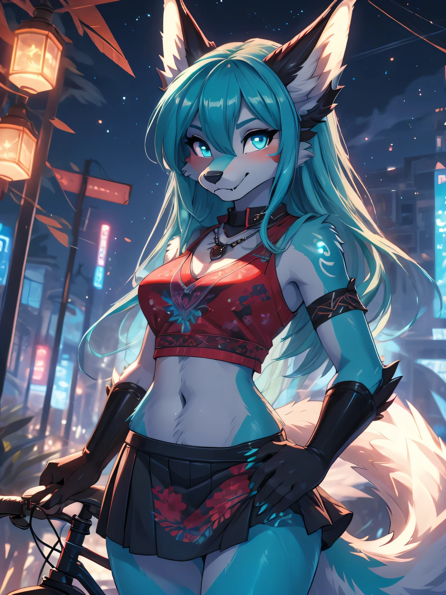 Miku Hatsune x vixen high definition good anatomy agregar_detalle:1, pelaje azul,Orejas de Kitsune, tribal tattoo agregar_detalle:1, cute girl agregar_detalle:1, blsck navel blouse and black mini skirt agregar_detalle:1, park landscape agregar_detalle:1, agregar_detalle:1, on bicycle red ride agregar_detalle, highly detalleed face, deep aqua iris agregar_detalle:1 lighting eyes agregar_detalle:3, garras de lobo, sharp fangs agregar_detalle:1, wild slut agregar_detalle:1, aura of resplendent light agregar_detalle:3,  sakuras landscape agregar_detalle:1