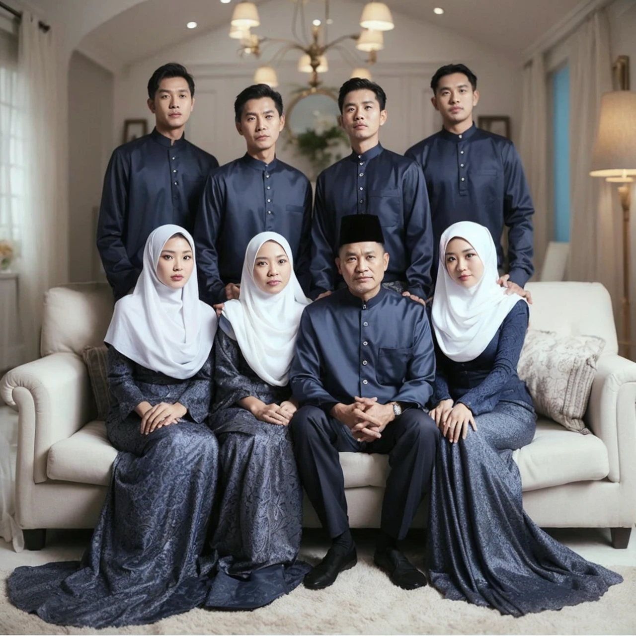 Studio photography of an Indonesian family consisting of 5 members, 1 father and 1 mother aged 50 years sitting in chairs, standing behind them are 3 people, two women aged 28 with straight hair, a man aged 25 with crew cut, all wearing blue formal suits and clothing, background in the studio with blue abstract patterned wall, dried flower vase, ultra HD, 32k. 