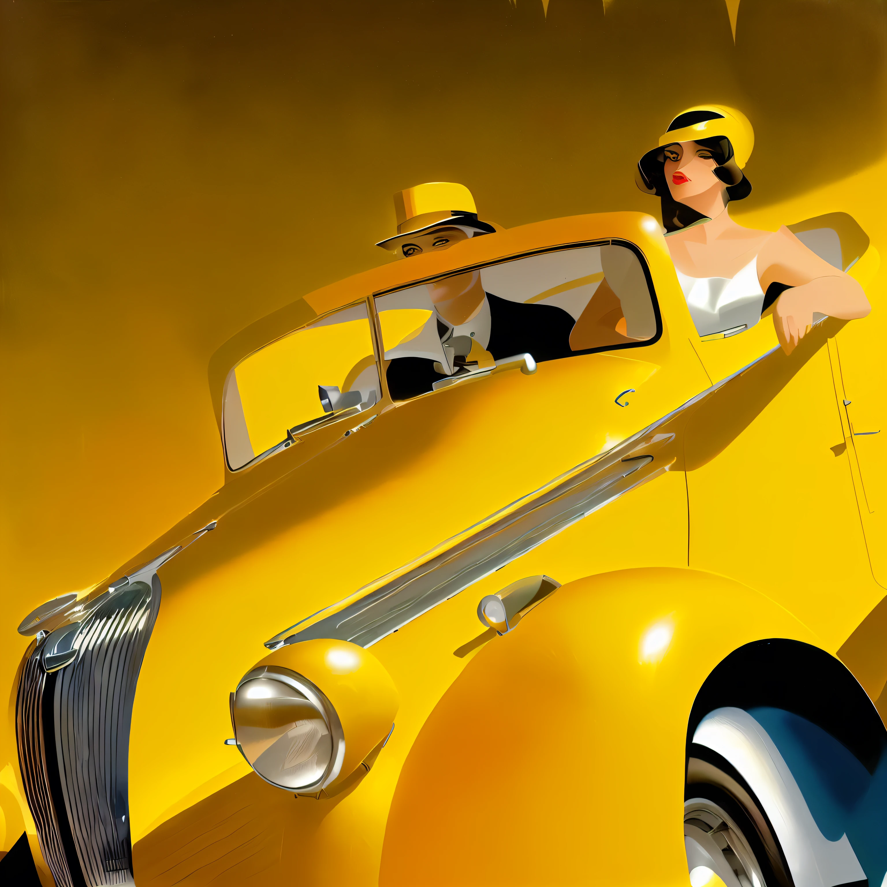 there is a woman driving a yellow car with a dog in the passenger seat, italian futurism style, kenton nelson, martin ansin, by mads berg, ed hopper, inspired by Art Frahm, art deco painting, art deco illustration, edward hopper and james gilleard, by Stevan Dohanos, italian futurism, francois schuiten