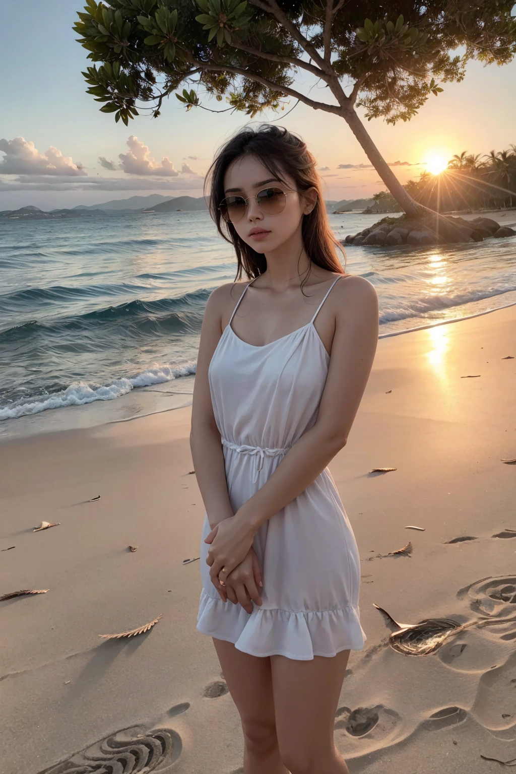 Describe a scene where I am sitting in a luxurious car, wearing sunglasses, with the reflection of the sunset vividly standing out against the sea in the background. The image should convey the feeling of being on a paradisiacal beach, with gently swaying palm trees, fine white sand, and crystal-clear waters. The orange sky, with shades of pink and gold, reflects on the water and on the sunglasses I'm wearing, capturing the beauty of the scene. The moment evokes tranquility, sophistication, and the natural beauty of the environment. The sound of waves gently breaking on the shore and the distant song of birds complement the scene, creating an experience of peace and relaxation.