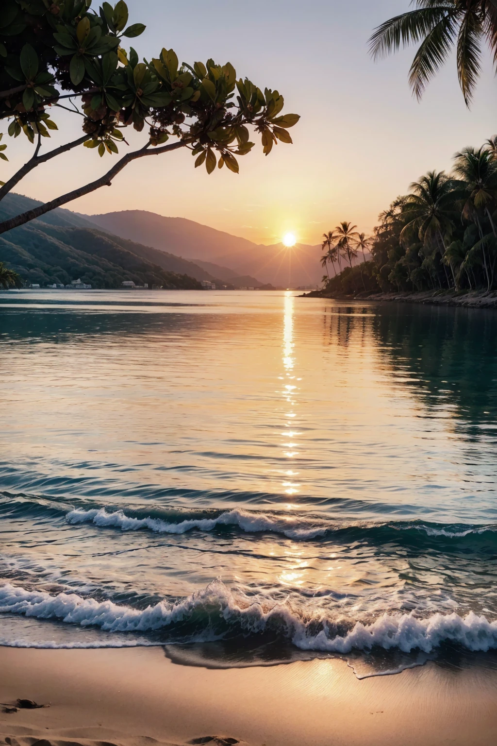 Describe a scene where I am sitting in a luxurious car, wearing sunglasses, with the reflection of the sunset vividly standing out against the sea in the background. The image should convey the feeling of being on a paradisiacal beach, with gently swaying palm trees, fine white sand, and crystal-clear waters. The orange sky, with shades of pink and gold, reflects on the water and on the sunglasses I'm wearing, capturing the beauty of the scene. The moment evokes tranquility, sophistication, and the natural beauty of the environment. The sound of waves gently breaking on the shore and the distant song of birds complement the scene, creating an experience of peace and relaxation.