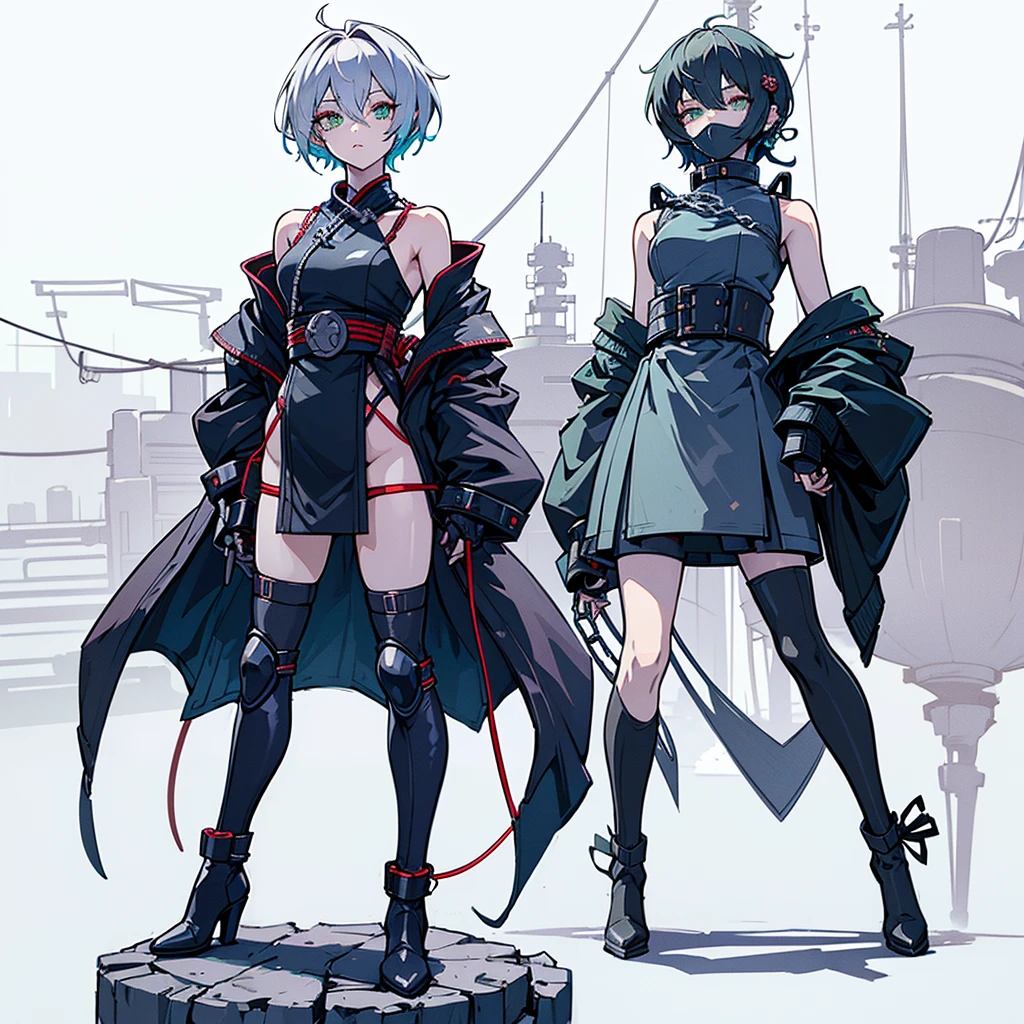 (Masterpiece, top quality), (detailed hair), super detailed, anime style, full body, solo, Cyberpunk ninja girl, medium short White hair, green eyes, wearing cyber kimono, feminine figure, holding chain kunai, chain wrapped rugged gauntlets, high heeled boots, standing wasteland, white background, whole body, chains around, chains everywhere 
