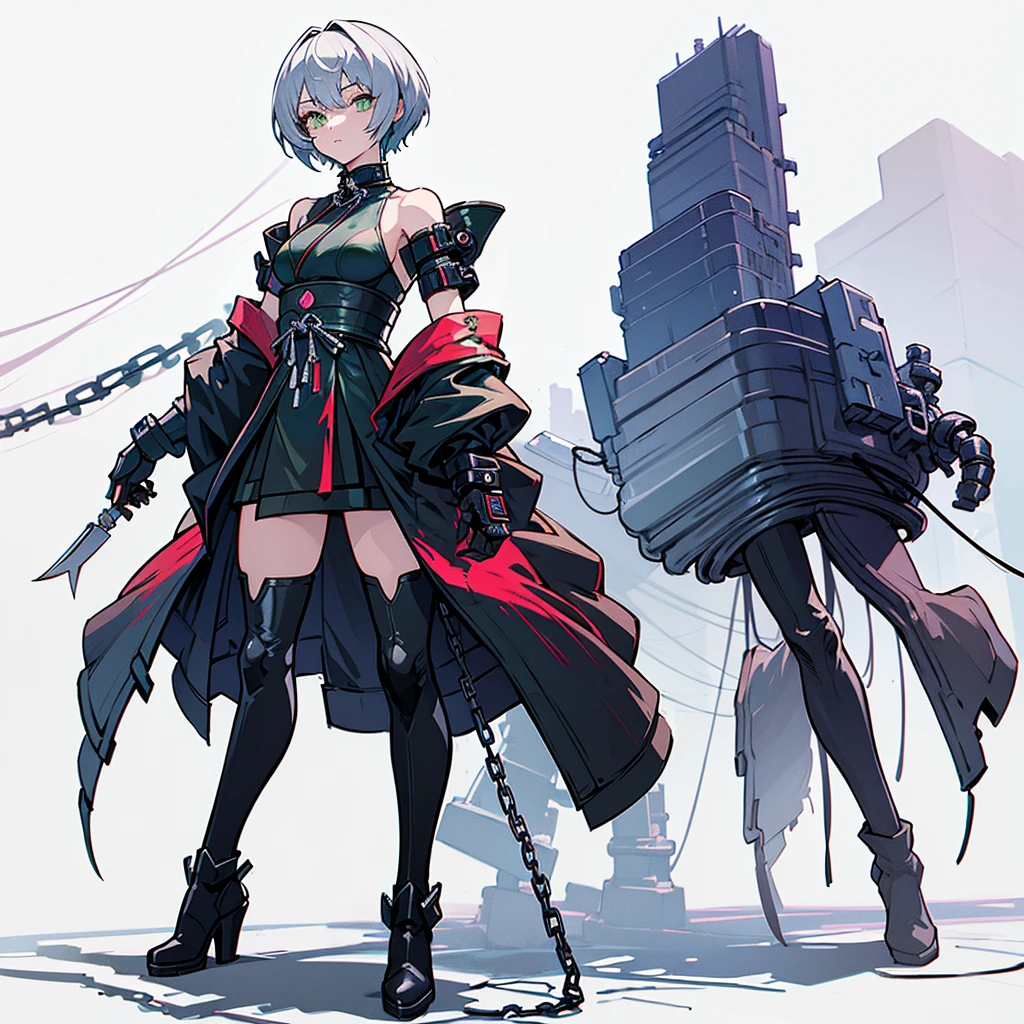 (Masterpiece, top quality), (detailed hair), super detailed, anime style, full body, solo, Cyberpunk ninja girl, medium short White hair, green eyes, wearing cyber kimono, feminine figure, holding chain kunai, chain wrapped rugged gauntlets, high heeled boots, standing wasteland, white background, whole body, chains around, chains everywhere 
