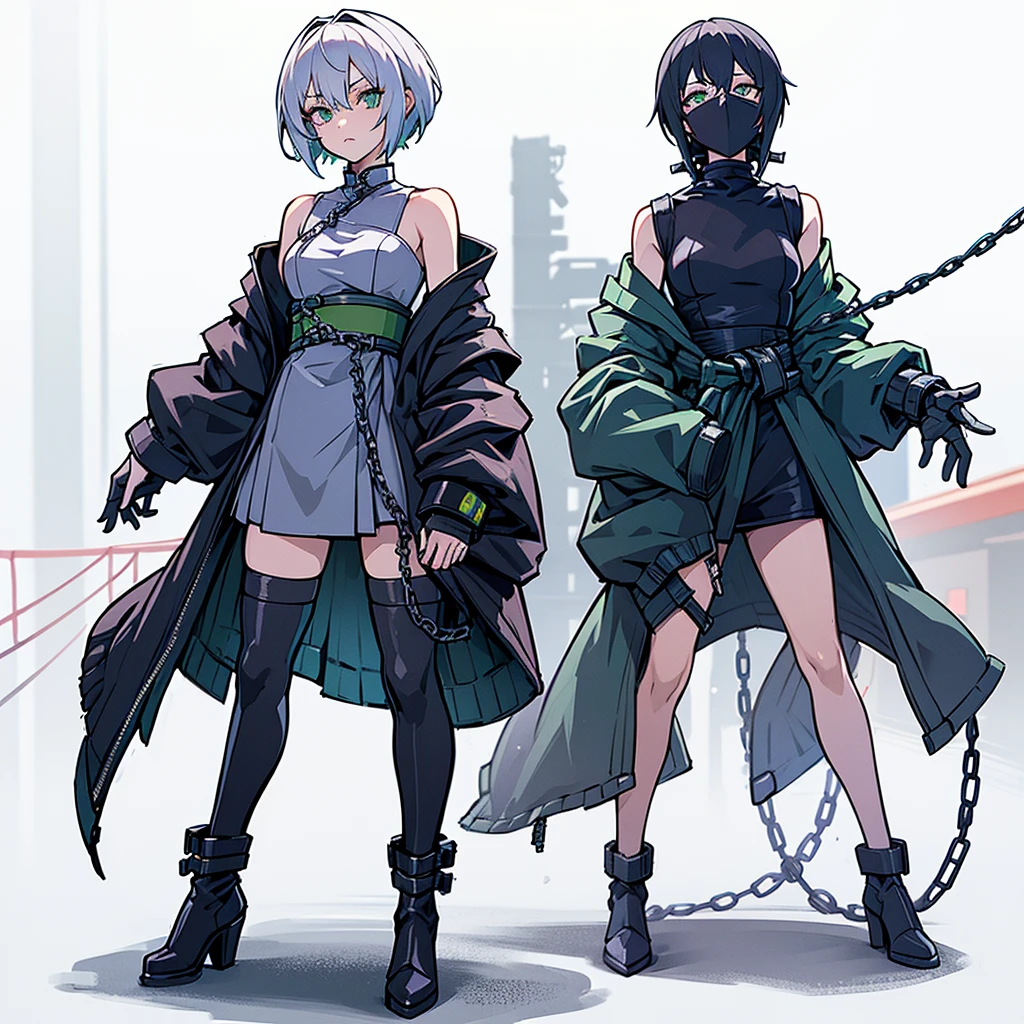 (Masterpiece, top quality), (detailed hair), super detailed, anime style, full body, solo, Cyberpunk ninja girl, medium short White hair, green eyes, wearing cyber kimono, feminine figure, holding chain kunai, chain wrapped rugged gauntlets, high heeled boots, standing wasteland, white background, whole body, chains around, chains everywhere 
