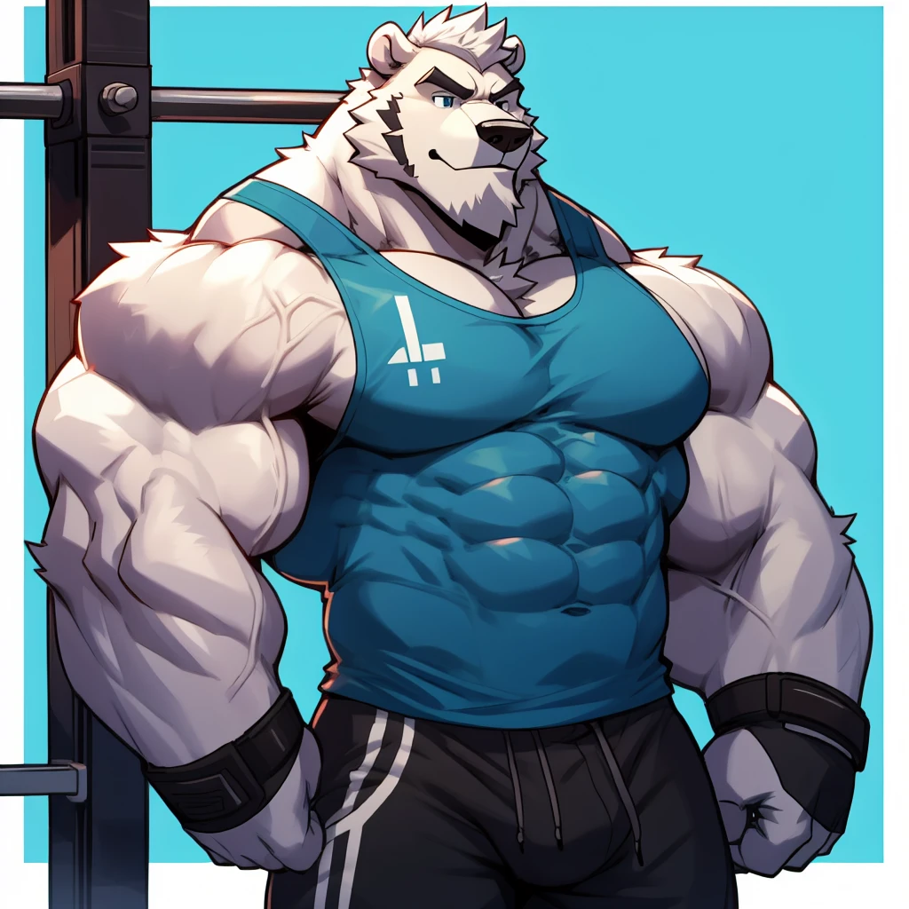 solo, 1boy, Huge Muscular White Polar Bear wearing glasses, huge white fur, pectoral, huge pectoral, wide pectoral, short white hair, blue colored short pants, blue colored wristbands and blue colored tank top, white bearded, white Mustache, white fur, simple background, masterpiece, high detailed, 8k, high resolution, at the gym, flexes like Hercules and Zeus, very veiny