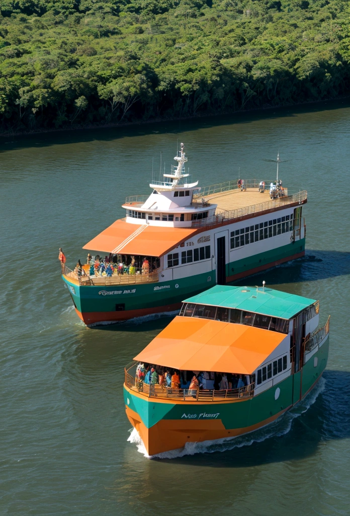 a ferry boat designed to transport passengers on the Amazon rivers in orange and aqua green colors
