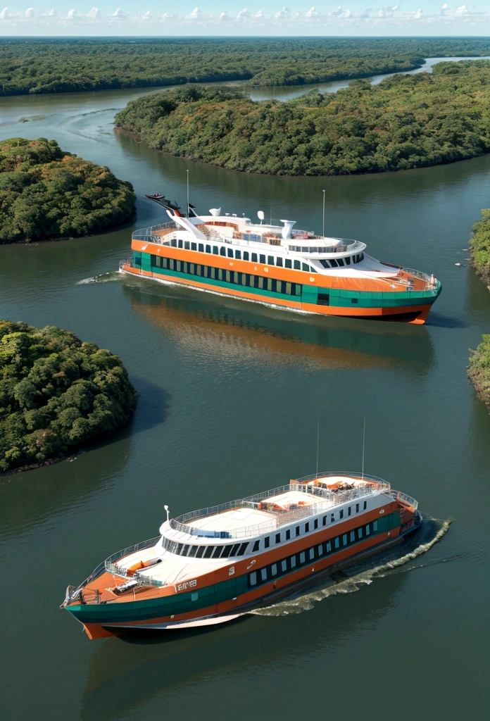 a ferry boat designed to transport passengers on the Amazon rivers in orange and aqua green colors