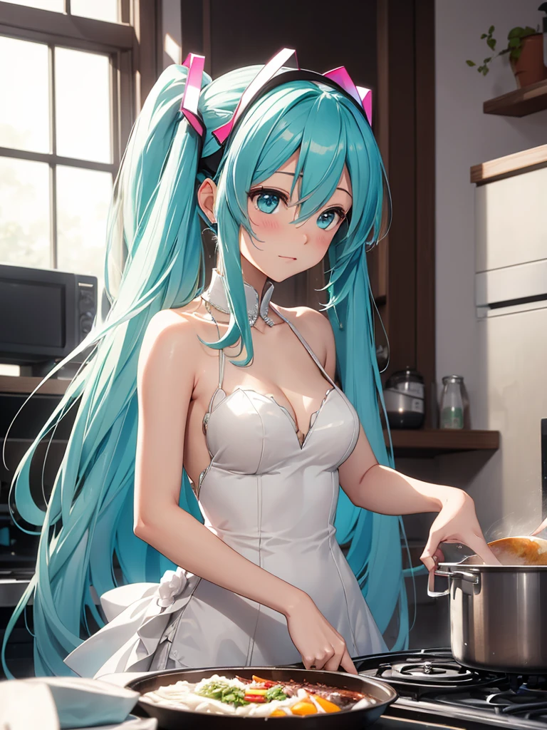 Hot hatsune miku, wedding dress, cooking