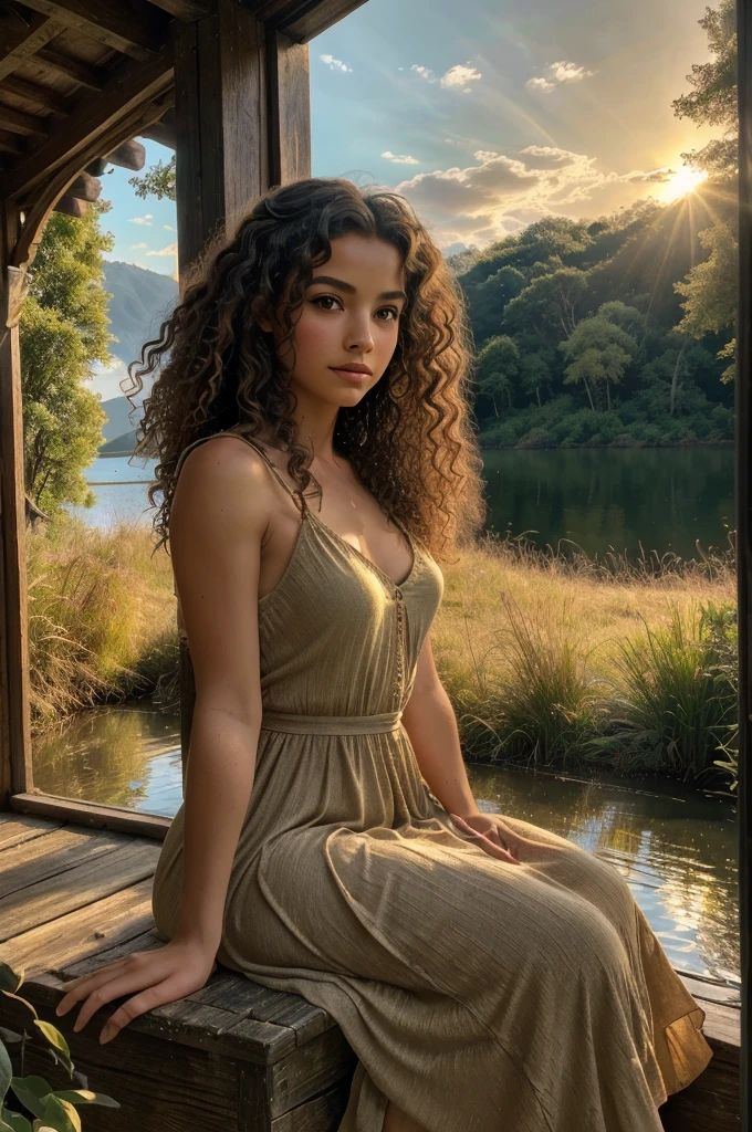 (best quality,4k,8k,highres,masterpiece:1.2),ultra-detailed,(realistic,photorealistic,photo-realistic:1.37),portraits,landscape,warm tones,soft lighting,craft,storytelling,serene atmosphere,tranquil,peaceful,reflections,girl,water's edge,old castle ruins,calm lake,horn,history,wonder,mysterious,ethereal,nostalgic,thoughtful expression,curly hair,feminine dress,blissful,daytime scene,golden sunlight,breathtaking view,rustic charm,worn-out textures,vibrant colors,fantasy,mythical,romantic vibe,sense of adventure,whimsical.