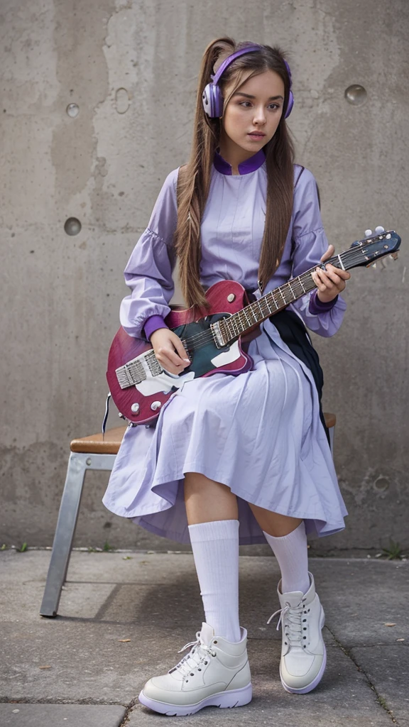 ((masterpiece, best quality))1girl, solo, fashion purple dress modern future, electric guitar, headphones, ponytail, holding, holding plectrum, instrument, very long brown hair rapunzel, music, one side up, teal hair, twin tails, playing guiter, pleated long skirt fashion, fashion dress modern purple and white, interior, full body, purple, sit down in modern retro classic chair, walking, jumping, beautiful boot modern, background simple future