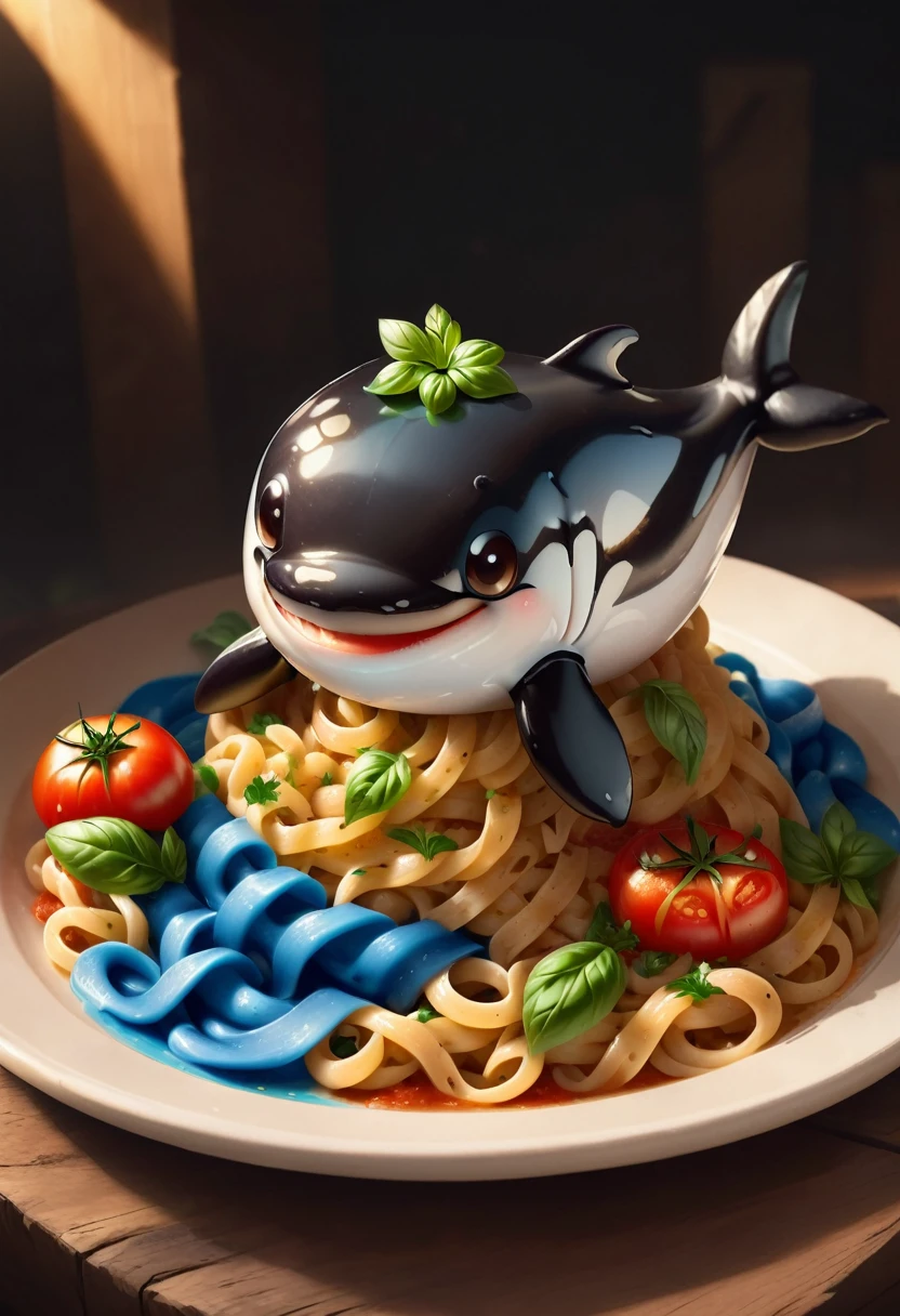 Very cute and attractive anthropomorphic orca pasta., served on a plate,Top with tomato sauce，Western restaurant background，kawaii, looking at the viewer, cinematic lighting, fantasy art, dynamic composition, realistic epic, Award Winning Pet Food Illustration